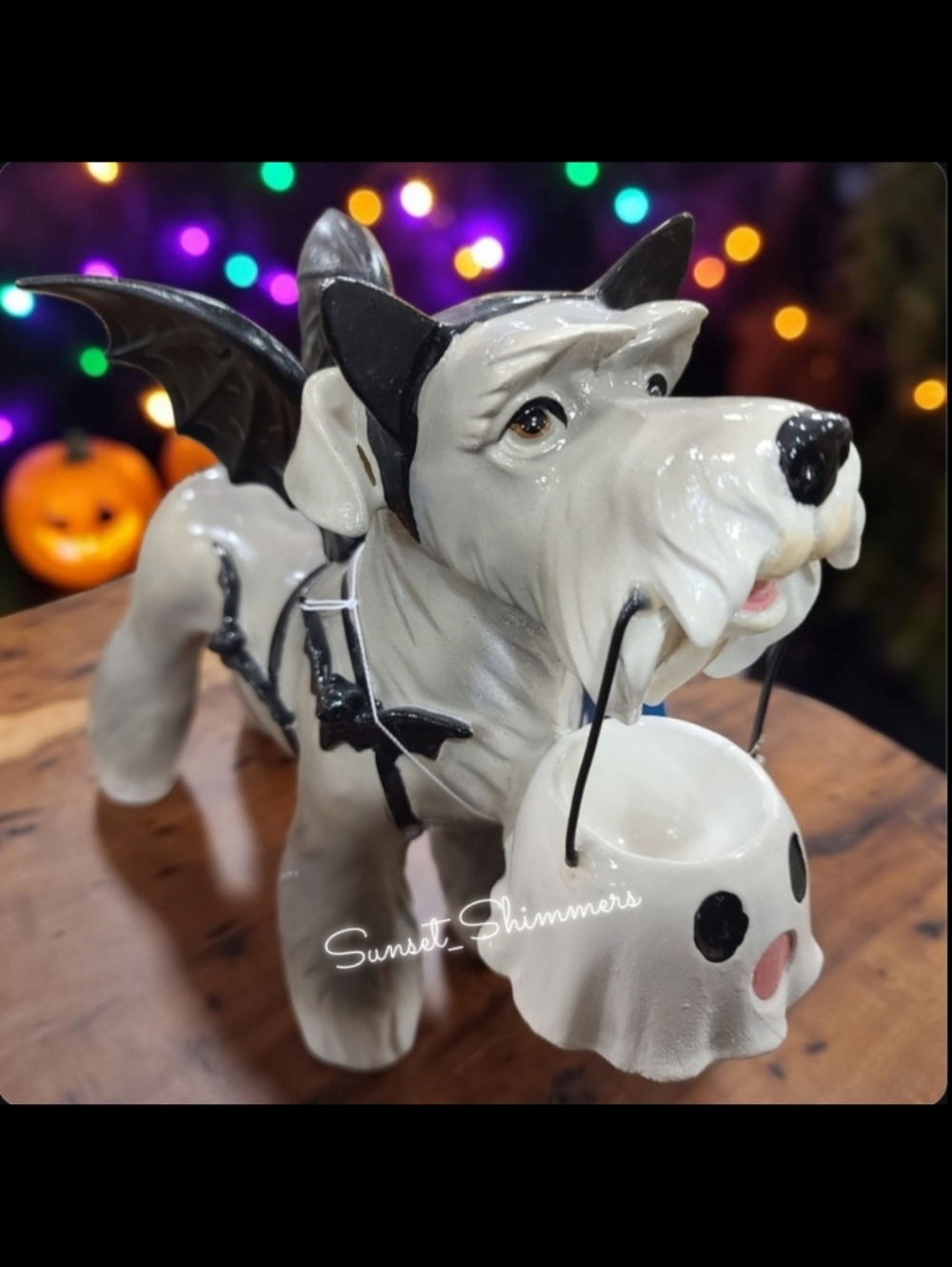Bat Schnauzer Dog w/ Ghost Bucket in Halloween Costume Figure Statue Decor New